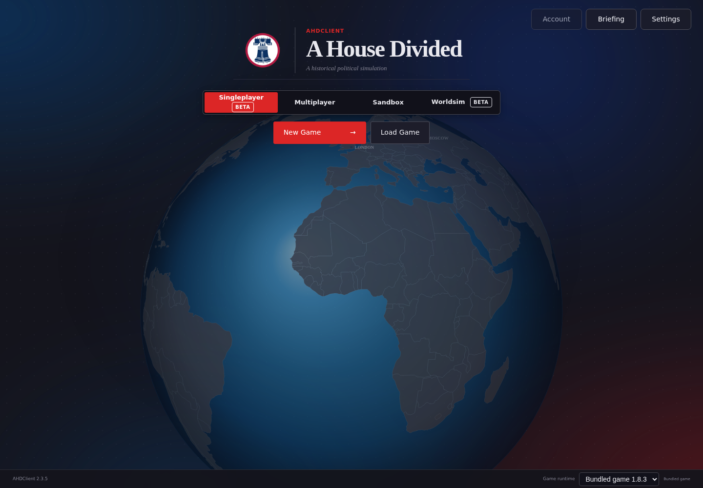 AHDClient 2.3.5 launcher showing Multiplayer, Sandbox, Singleplayer, and Worldsim beta modes
