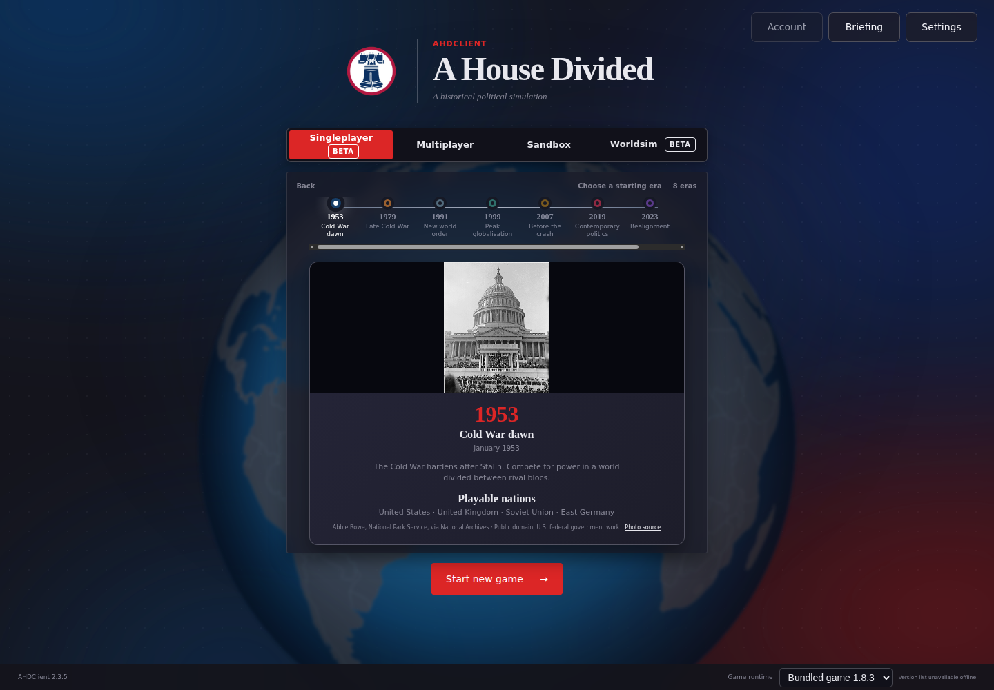 AHDClient new world screen with Singleplayer Beta and Worldsim Beta options