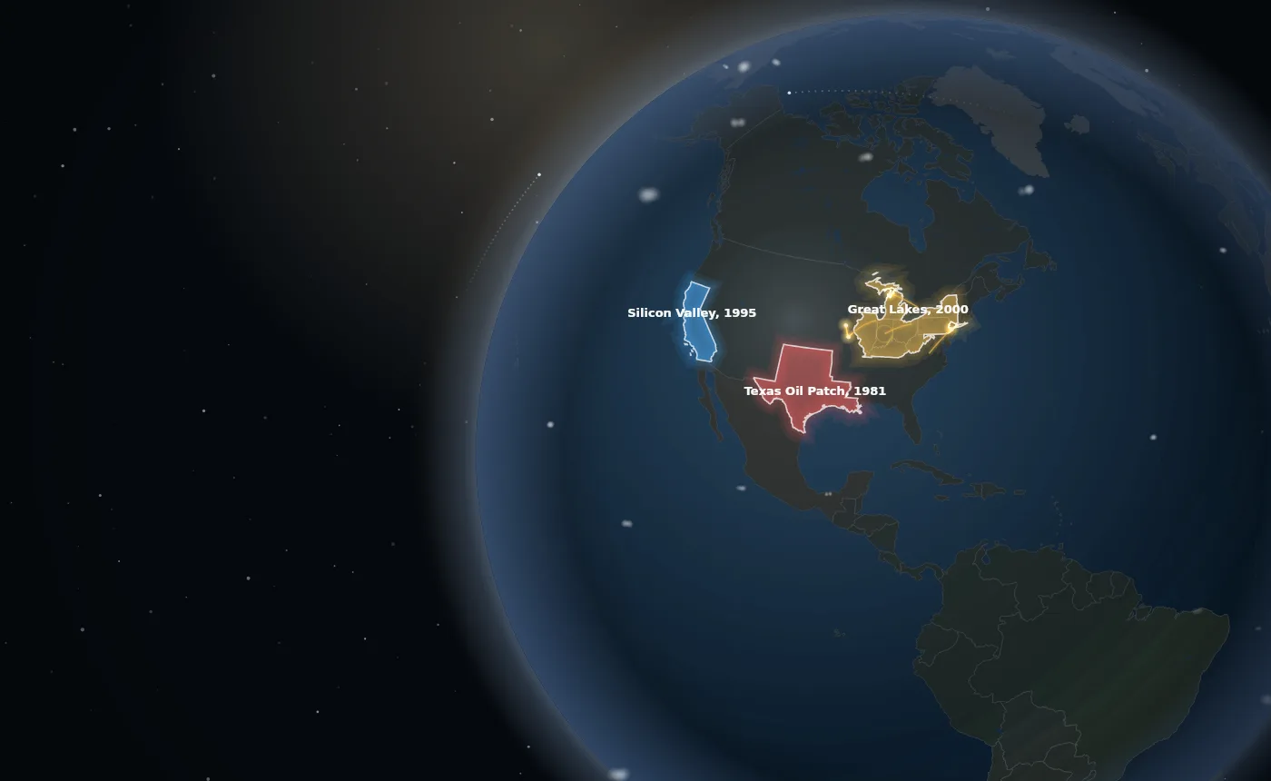 Corporate Warfare scenario select globe showing Silicon Valley 1995, Texas Oil Patch 1981 and Great Lakes 2000
