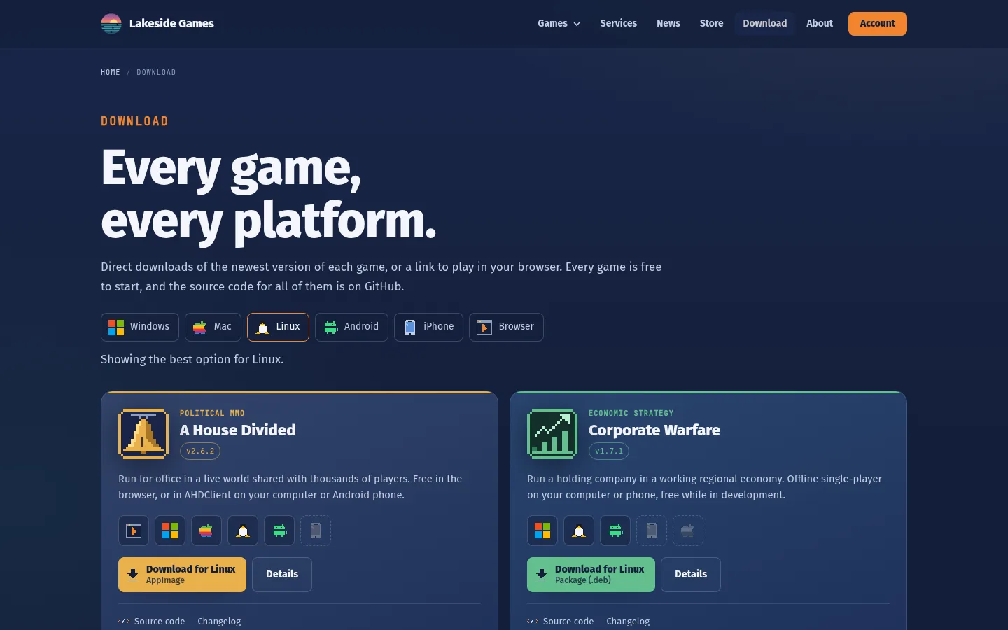 The new lakesidegames.net download page with per-platform buttons