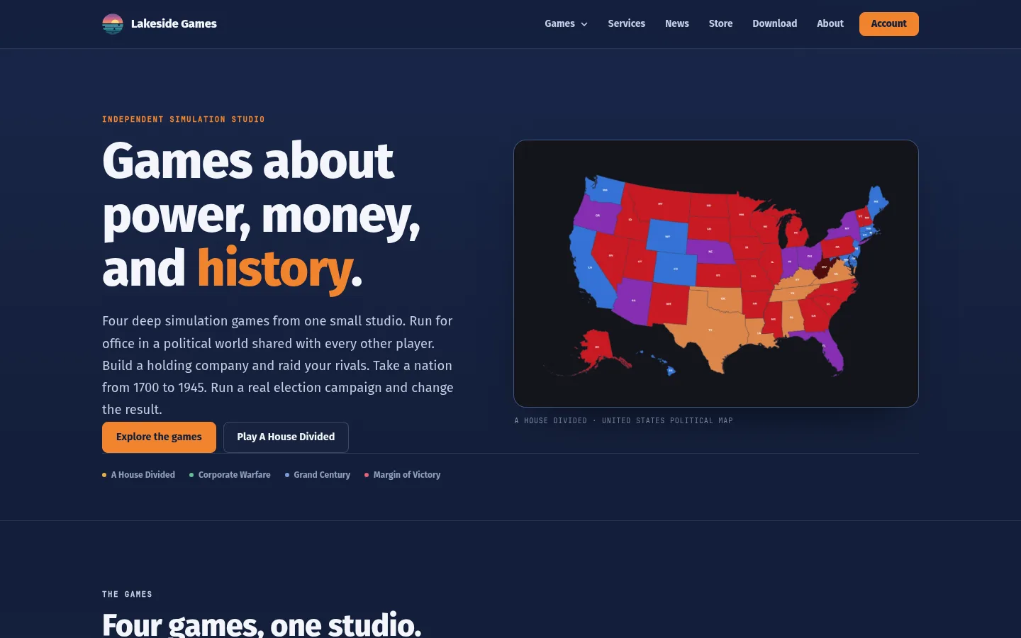 The redesigned lakesidegames.net homepage with the new Lakeside Games logo