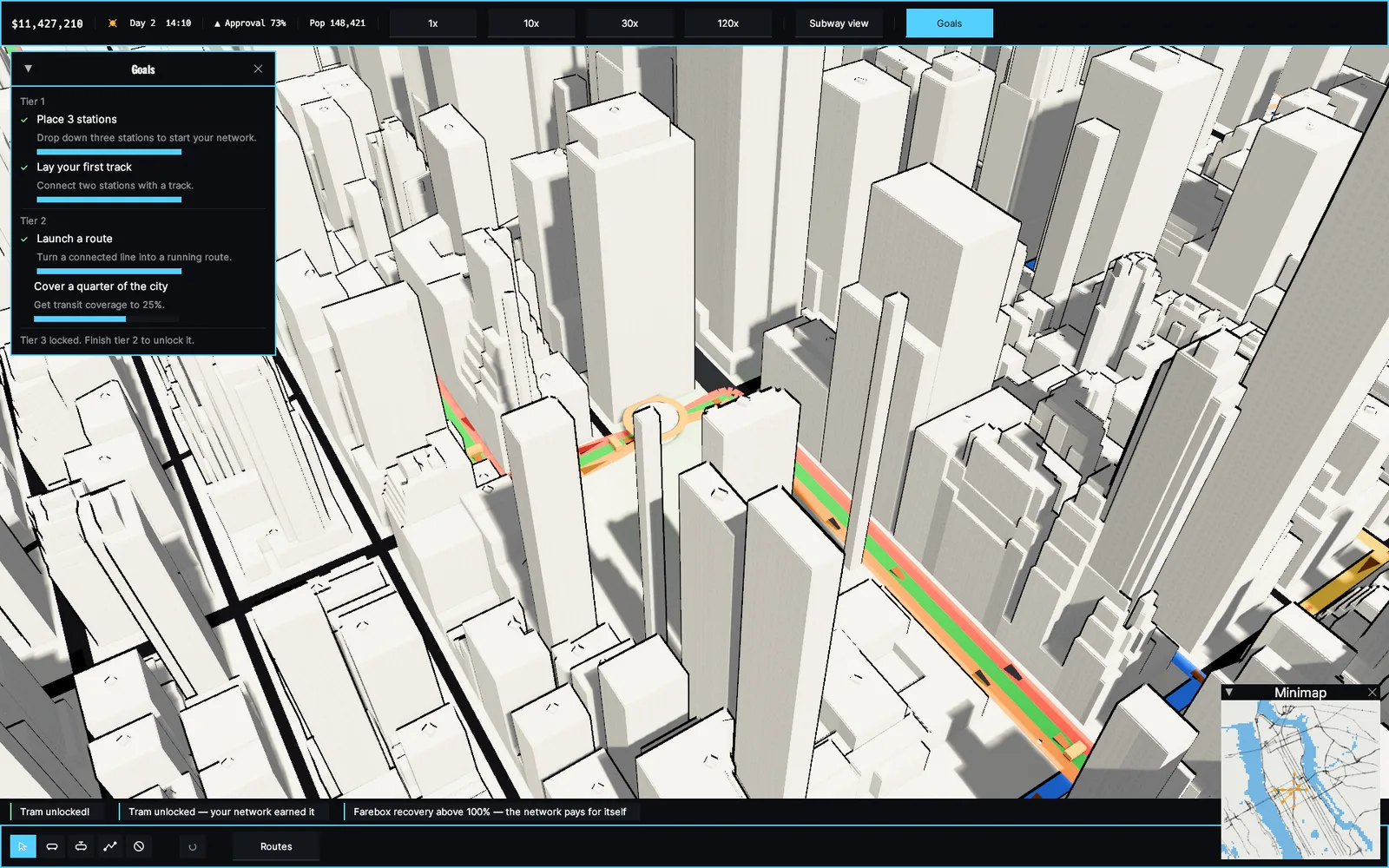 A transit network threaded through a 3D Manhattan in MetroForge