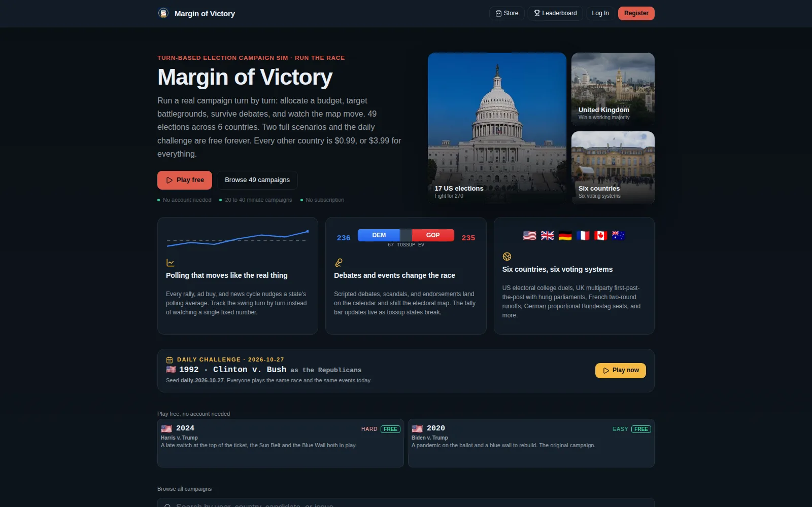 Margin of Victory's daily challenge and campaign browser