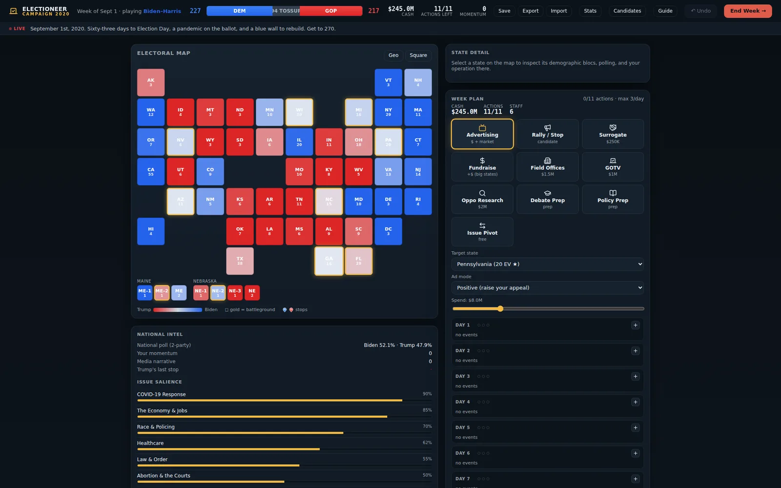 The 2020 electoral map and weekly campaign plan in Electioneer