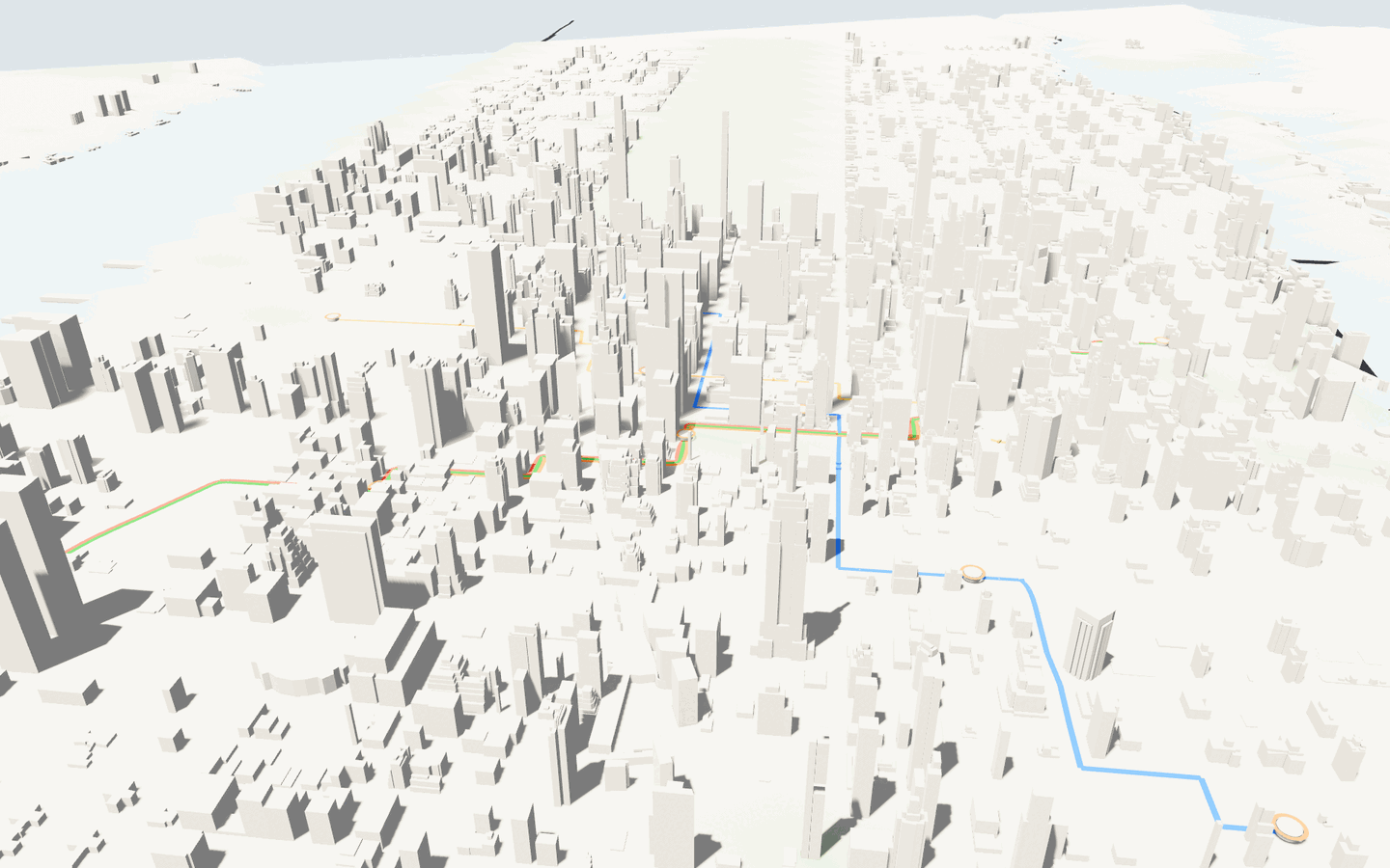 Manhattan rendered from real map data, full building massing under a clear sky
