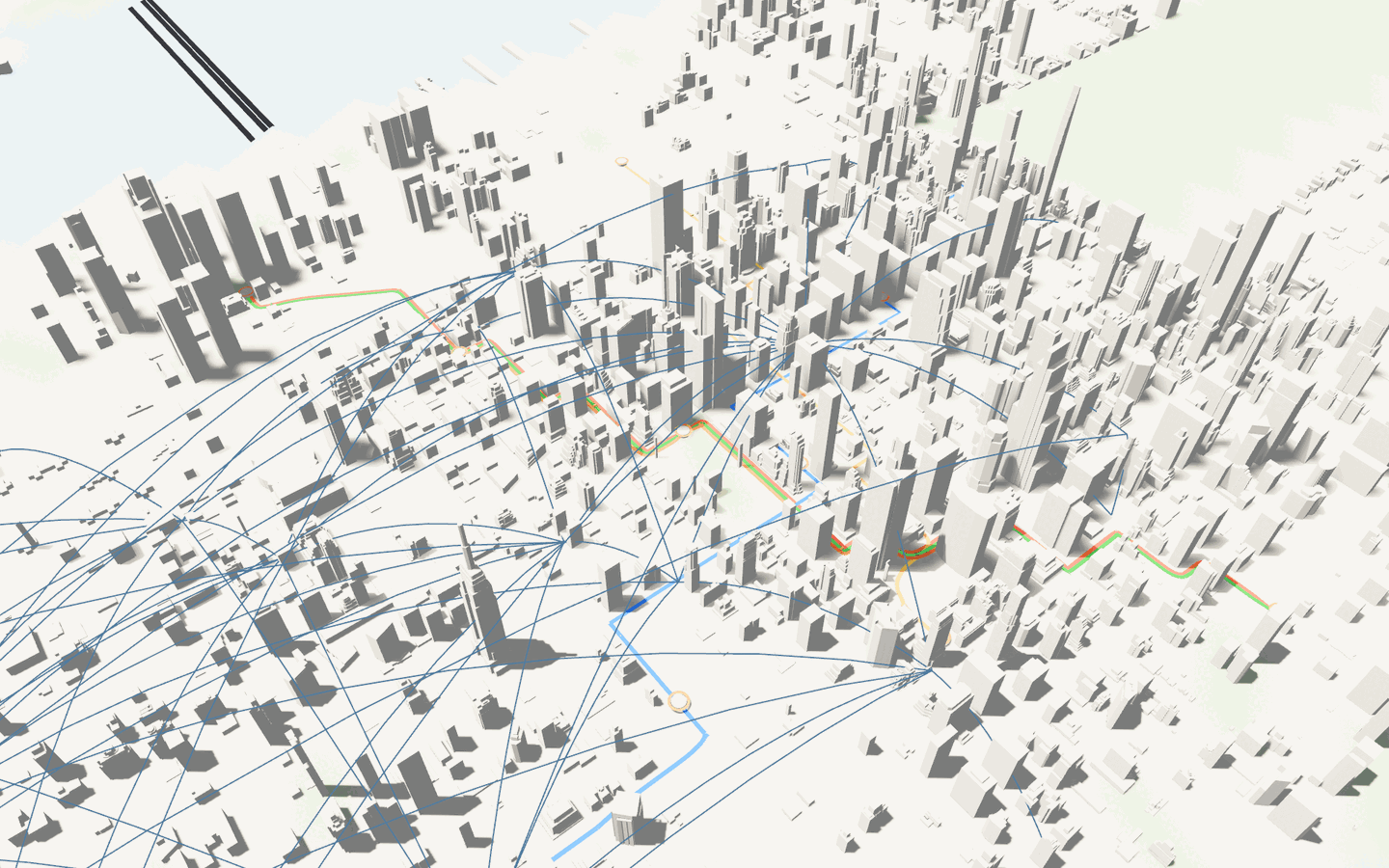 Commuter demand arcs overlaid on the built network