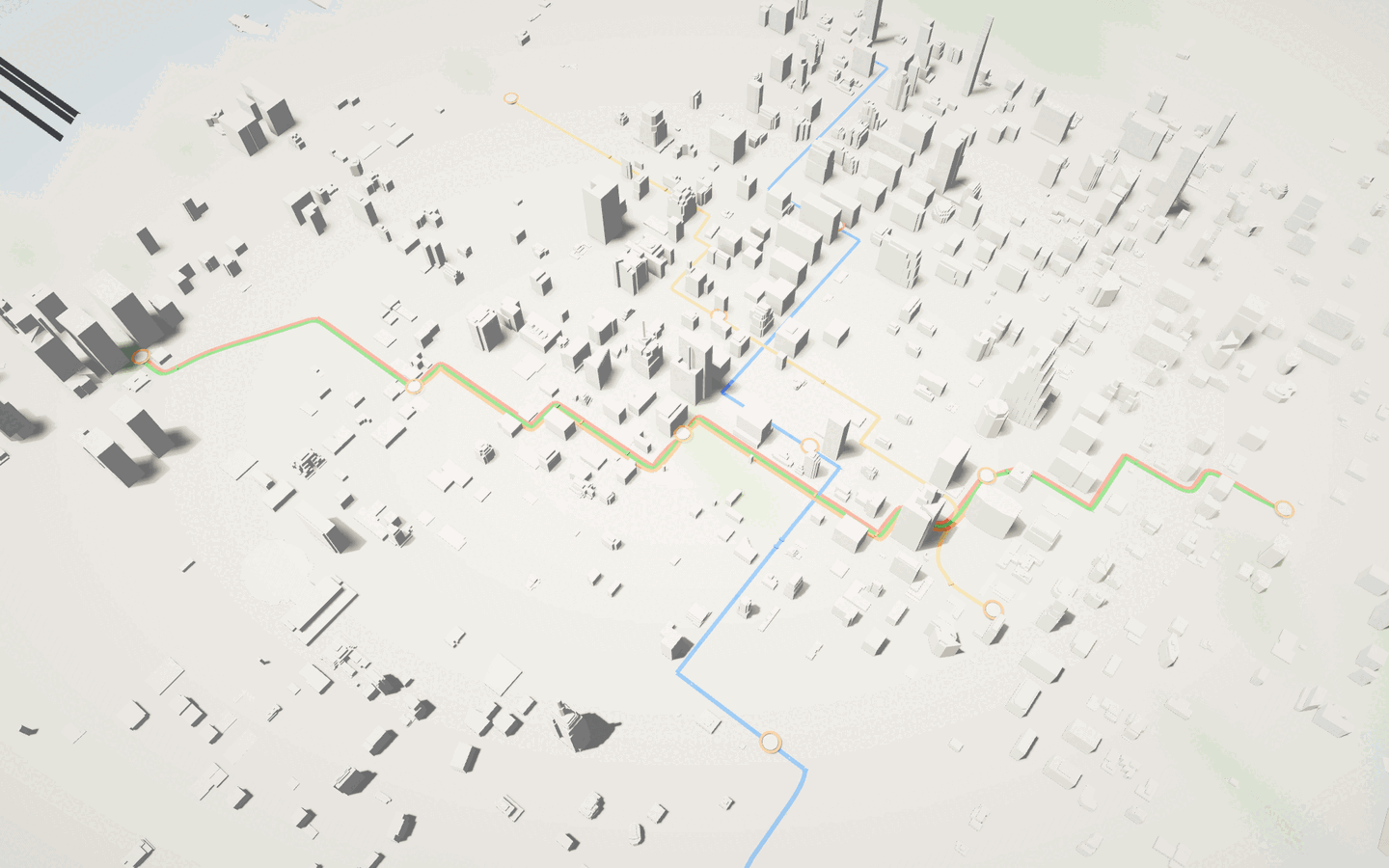 Citywide subway network overview, river visible to the northwest